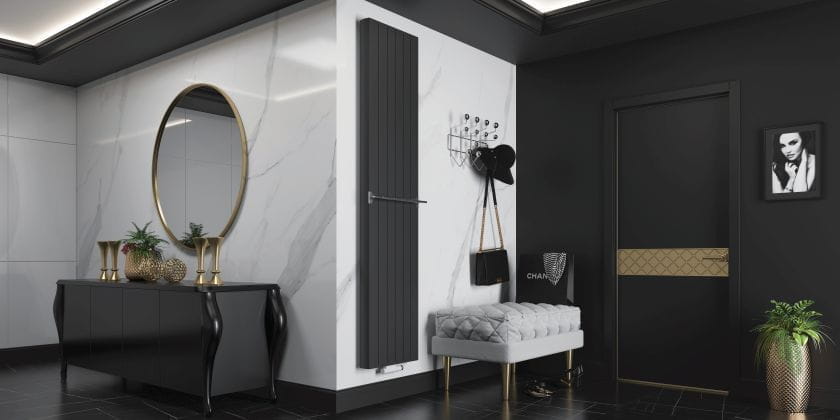 Faro V vertical designer radiator in bathroom