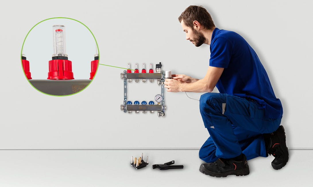 underfloor heating manifold and flow meters Purmo